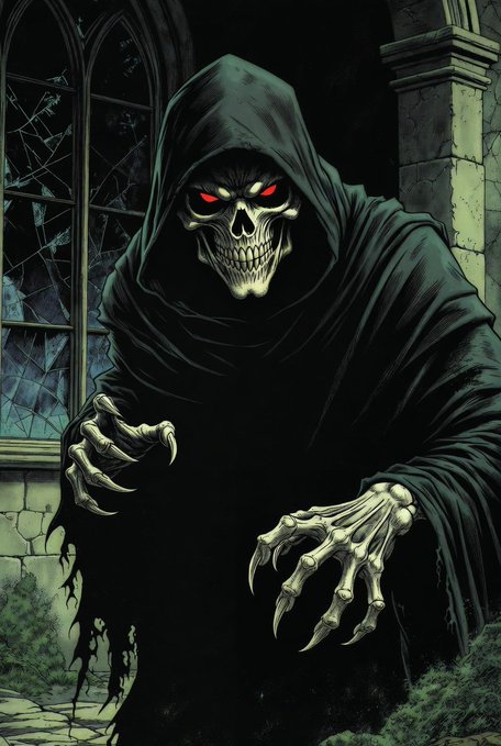The image features a skull with red eyes and a black hooded robe, standing against a dark background that includes a window and some plants. The caption reads "GN CT Learning this interesting how @quipnetwork, @TheARCTERMINAL and @Sleepagotchi are all built in different directions. One focuses on future proof security, one on personal AI, and one on daily habits."