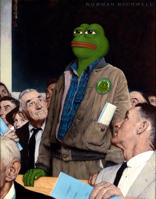 The image shows a meme edit of Norman Rockwell's famous "Freedom from Want" painting, where the iconic figure has been replaced with a Pepe the Frog character wearing a jacket with a "Pepe Coin" patch, standing among a crowd. The post suggests PepeCoin ($PEPE) will surpass Dogecoin, tying into the image's prominent display of the Pepe branding and the meme's association with crypto culture.
