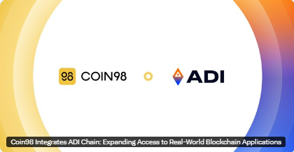 The image displays a partnership graphic featuring the Coin98 (98) and ADI Chain logos, with a caption reading "Coin98 Integrates ADI Chain: Expanding Access to Real-World Blockchain Applications," visually promoting the integration between the Coin98 wallet and the ADI Chain EVM-compatible Layer-2 network mentioned in the post.