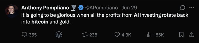 A tweet from Anthony Pompliano (@APompliano) dated Jun 29 reads: 'It is going to be glorious when all the profits from AI investing rotate back into bitcoin and gold,' with 4.3K likes and 186K views.