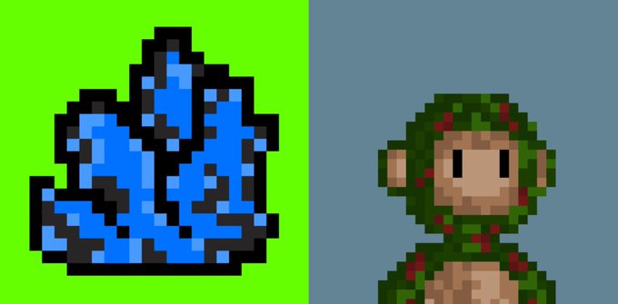 Two pixel art characters side-by-side: on the left, a blue water/ice elemental figure on a green background, and on the right, a green plant-like creature with red berries on a blue background.