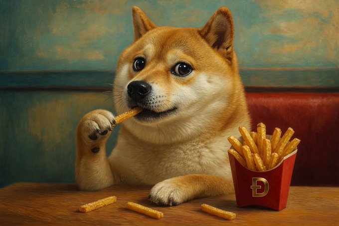 The image features a brown dog sitting at a dining table with a red tray of fries next to it, as well as a red bucket filled with food. The dog appears to be eating from both the bucket and the fries. The background shows a green wall that complements the overall color scheme of the scene. The caption "McDoge Happy Meal" is written in white text at the bottom right corner of the image.