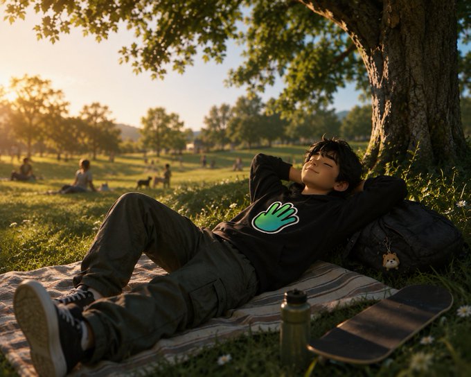 A young person relaxes against a tree in a sunny park with their skateboard nearby, humorously embodying the "touch grass" challenge from Four/4our community.