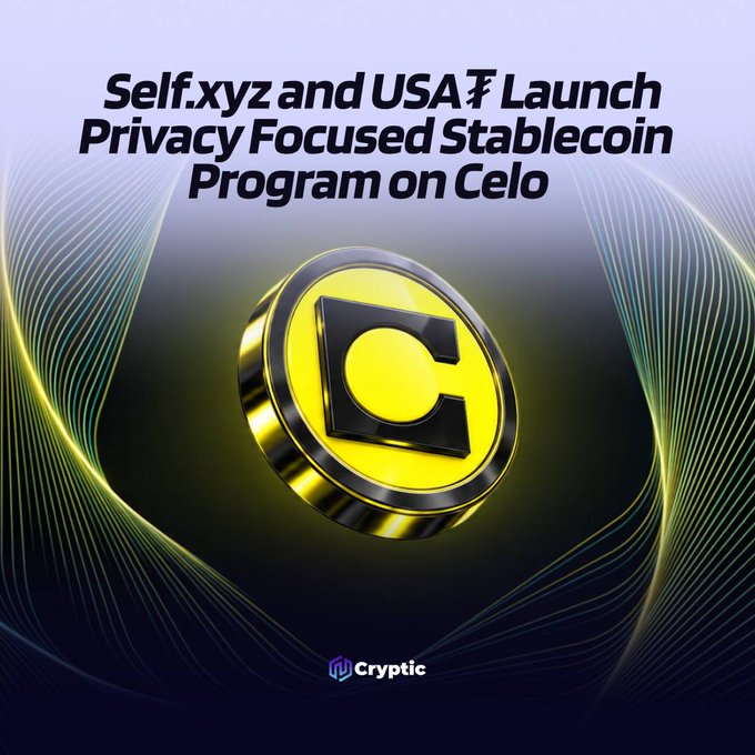 A promotional graphic announces that "Self.xyz and USAT Launch Privacy Focused Stablecoin Program on Celo," featuring a large golden Celo (C) coin emblem against a dark background with flowing yellow light trails and a Cryptic logo at the bottom. The image visually represents the announcement of a privacy-focused stablecoin distribution initiative on the Celo blockchain, as described in the accompanying post.