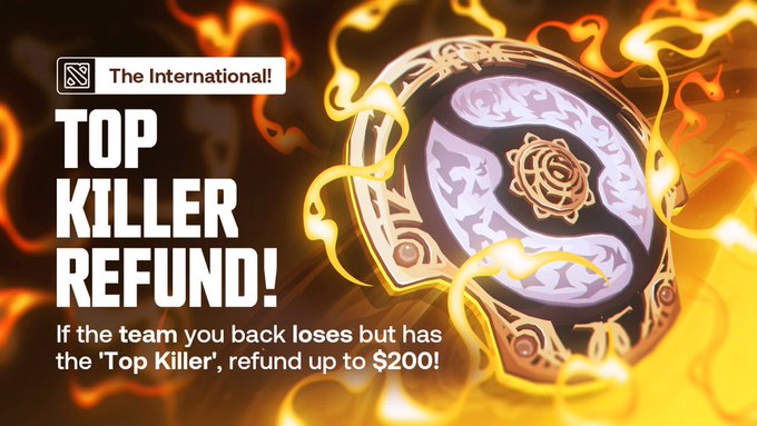 A fiery promotional banner for “The International!” advertises a “TOP KILLER REFUND”: if your backed team loses but records the most kills, receive a refund of up to $200, complementing the $2,500,000+ Dota 2 tournament prize pool.