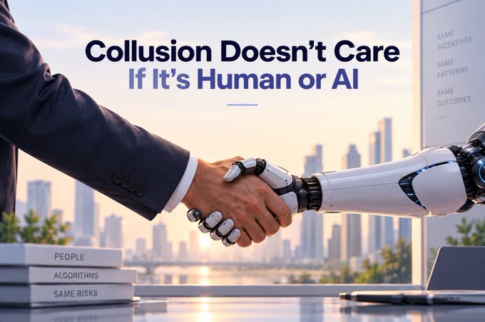 An advertisement graphic with the text 'Collusion Doesn't Care If It's Human or AI' showing a handshake between a human hand and a robotic hand, with side text reading 'SAME INCENTIVES SAME PATTERNS SAME OUTCOMES' and 'PEOPLE ALGORITHMS SAME RISKS'.