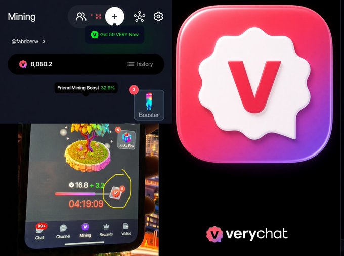 A four-panel collage related to the 'verychat' app, showing its logo, a 'Mining' interface with a balance of 8,080.2, and a 'Friend Mining Boost' feature.