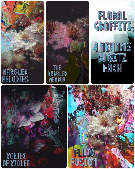 A promotional collage titled 'FLORAL GRAFFITI' advertising '4 NEW .lvis 3D SXTZ EACH' with four abstract floral designs labeled 'MARBLED MELODIES', 'THE MARBLED MEADOW', 'VORTEX OF VIOLET', and 'FLUID FUSION'.