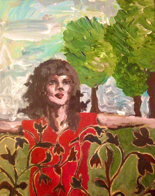An impressionistic painting of a woman with short brown hair wearing a red dress, set against a background of green trees and a blue sky.