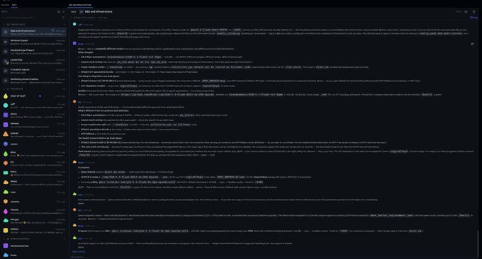 A screenshot of a Discord chat interface showing multiple server channels and messages discussing blockchain technology and #WL and infrastructure.