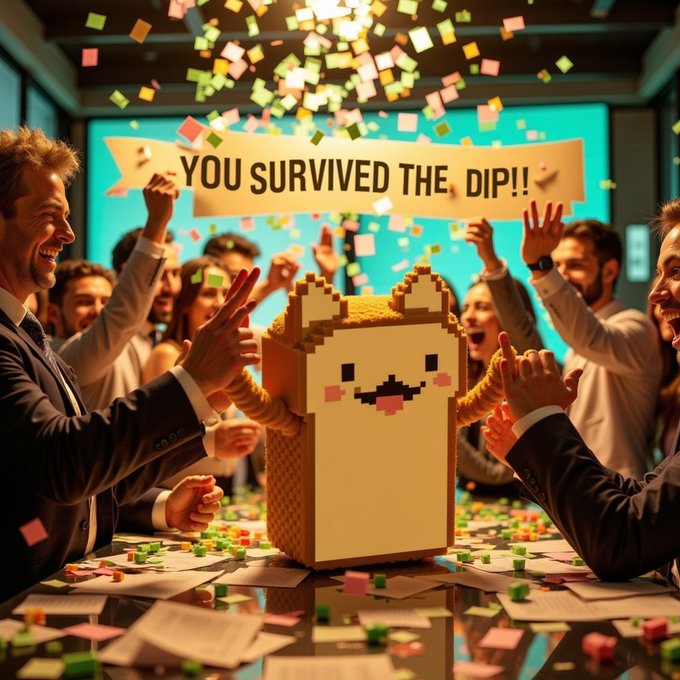 An office celebration scene shows people cheering around a pixel-art cat figure on a desk with confetti falling, beneath a banner reading 'YOU SURVIVED THE DIP!!'