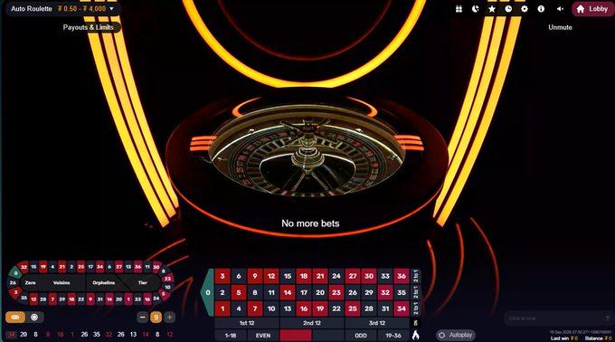 A screenshot of an Auto Roulette online casino game showing the betting layout with the message 'No more bets' displayed, indicating bets are closed for the current spin.