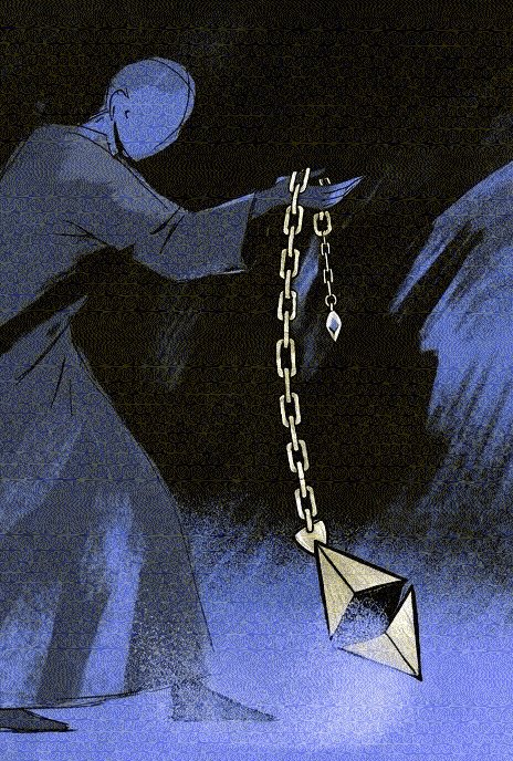 The image features a man dressed in robes, holding a chain that has a small diamond attached to it. The chain appears to be made of gold or silver, adding an element of luxury to the scene. The background consists of a dark blue color with some white text visible on the right side of the image. The post reads "Gm fam Dust to dust @manifoldxyz".