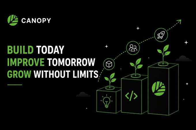 A black promotional banner for 'CANOPY' featuring a 3D isometric illustration of three blocks with growing plants and icons (a lightbulb, code brackets, and the Canopy logo), accompanied by the text 'BUILD TODAY IMPROVE TOMORROW GROW WITHOUT LIMITS.'
