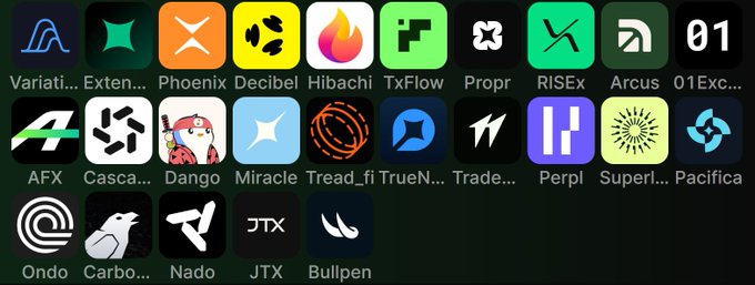 A grid of various mobile app icons including Phoenix, Decibel, Hibachi, TxFlow, RISEx, AFX, Casca, Dango, Miracle, Ondo, Nado, JTX, and Bullpen among others.