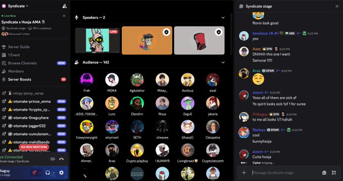 A screenshot of a Discord voice channel interface showing 'Syndicate x Hooja AMA' with 2 speakers and an audience of 142, alongside a chat window with messages from 'hoo'.