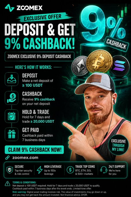ZoomEx exchange advertisement promoting an 'EXCLUSIVE OFFER' for '9% CASHBACK' on deposits, showing a bearded man in a cap pointing, alongside crypto coin imagery and detailed terms and conditions.