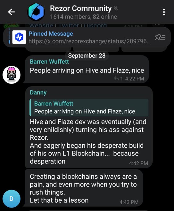 A screenshot of the Rezor Community Telegram group chat, dated September 28, featuring messages from Barren Wuffett and Danny discussing Hive and Flaze developments.