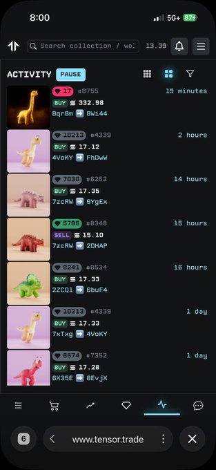 A mobile screenshot of a Tensor.trade NFT marketplace showing activity feed with dinosaur-themed collectibles, buy/sell transactions, and prices.
