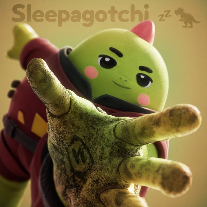 A 3D-rendered green dinosaur-like character in a red jacket labeled 'Sleepagotchi' with a 'zz' sleeping icon, reaching its hand toward the viewer.