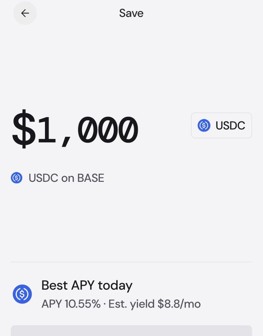 A mobile app screen displays '$1,000' in USDC on BASE, noting 'Best APY today' at 10.55% with an estimated yield of $8.8/mo.