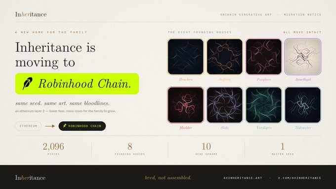 A website screenshot for 'Inheritance' NFT project announcing 'Inheritance is moving to Robinhood Chain' with text 'same seed, same art, same bloodlines.' and displaying eight founding houses artwork pieces.
