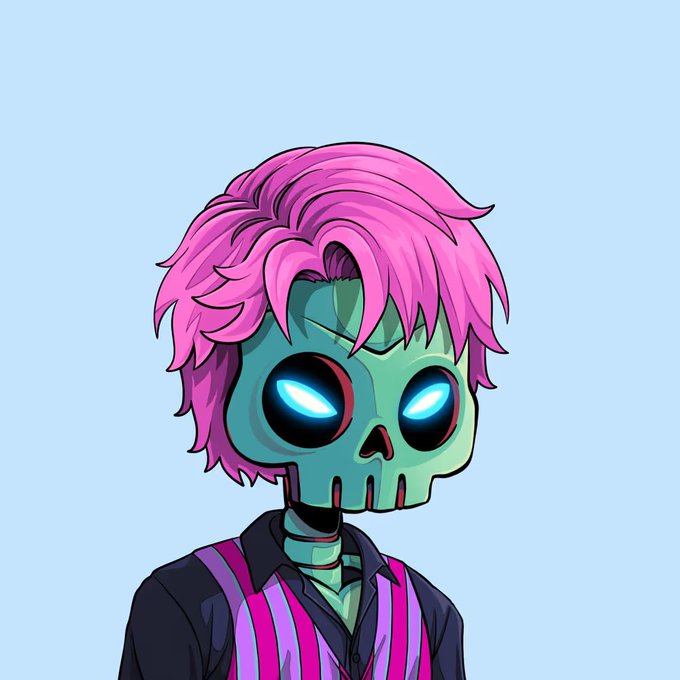 A cartoon character with pink hair, a teal skull face with glowing blue eyes, and a pink and black striped shirt against a light blue background.