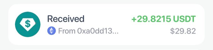 A transaction notification showing '+29.8215 USDT' ($29.82) received from address '0xa0dd13...' with a USDT logo.