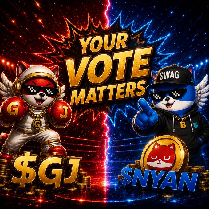 Two cartoon dog mascots in pixel sunglasses and boxing gloves flank the glowing text "YOUR VOTE MATTERS," with a red/gold "G" boxer representing $GJ on the left and a blue "NYAN" cat mascot wearing a "SWAG" cap and a "$B" chain representing $NYAN on the right, visually reinforcing the post's message that governance rights require holding both $GJ and Cannon Attack tokens to vote on the $NYAN staking rate.