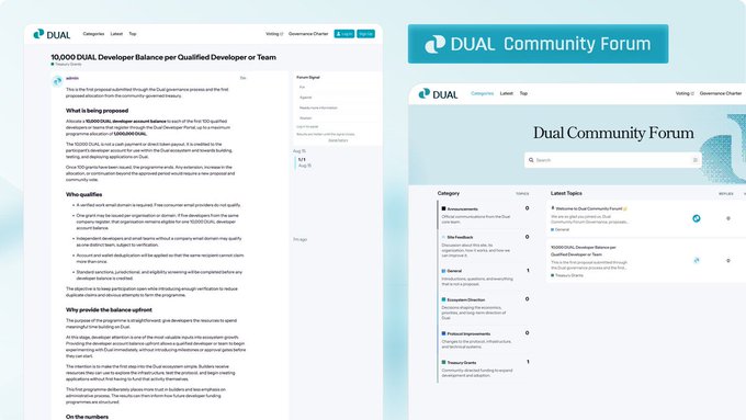 Screenshot of the DUAL Community Forum governance page showing a proposal for a "10,000 DUAL Developer Balance per Qualified Developer or Team" with categories like DUAL Feedback, Protocol Improvements, and Treasury Grants.