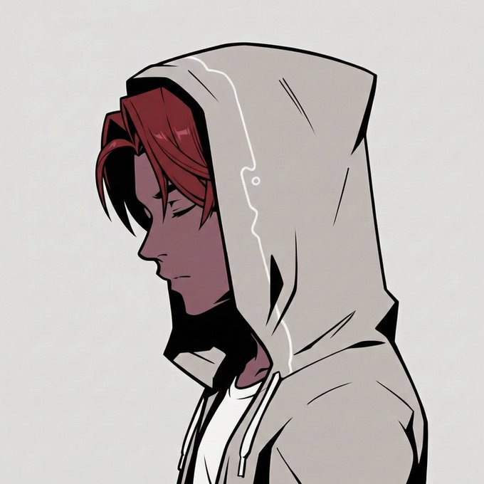 An anime-style illustration depicts a character in profile with reddish-brown hair wearing a beige/cream hoodie against a plain light background.