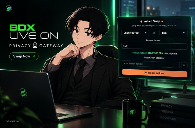 A promotional graphic for BDX featuring an anime-style character at a laptop, advertising 'INSTANT SWAP' from USDT(TRC20) to BDX with a floating rate of 6466.1513 BDX, branded as a 'PRIVACY GATEWAY' by beldex.io.