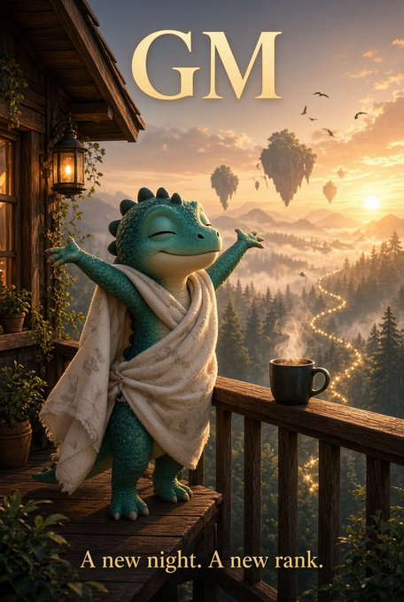 A whimsical greeting card showing a green lizard-like creature in a white robe standing on a wooden balcony with arms outstretched, with text 'GM' at the top and 'A new night. A new rank.' at the bottom.