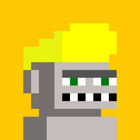 A pixel art character with yellow hair, a grey robotic faceplate, and a wide smile displayed on a solid yellow background.