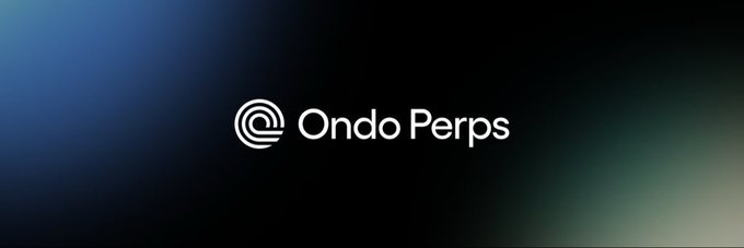 Logo banner for 'Ondo Perps' displayed in white text with a circular icon against a dark gradient background with blue and green highlights.