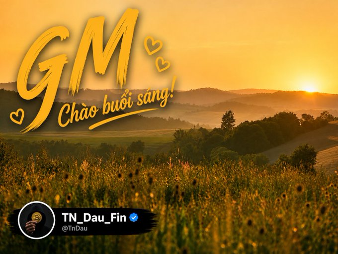 A scenic sunrise landscape over a misty valley with golden light, overlaid with stylized text 'GM Chào buổi sáng!' (Vietnamese for 'Good Morning') and a Twitter/X handle 'TN_Dau_Fin @TnDau' featuring a Bitcoin logo.