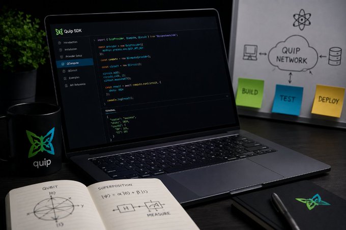 The image shows a laptop computer with an open code editor, surrounded by various notes and papers related to software development. The laptop screen displays a code editor page, while a notebook filled with ideas and diagrams sits nearby. A cup of coffee is also present on the desk, suggesting that someone might be working or studying in this space.

The post about Quip Network Infrastructure focuses on the developer ecosystem, discussing how to build quantum-ready applications using the Quip network infrastructure. The image highlights the importance of understanding and utilizing the available tools and resources for creating innovative and efficient software solutions.