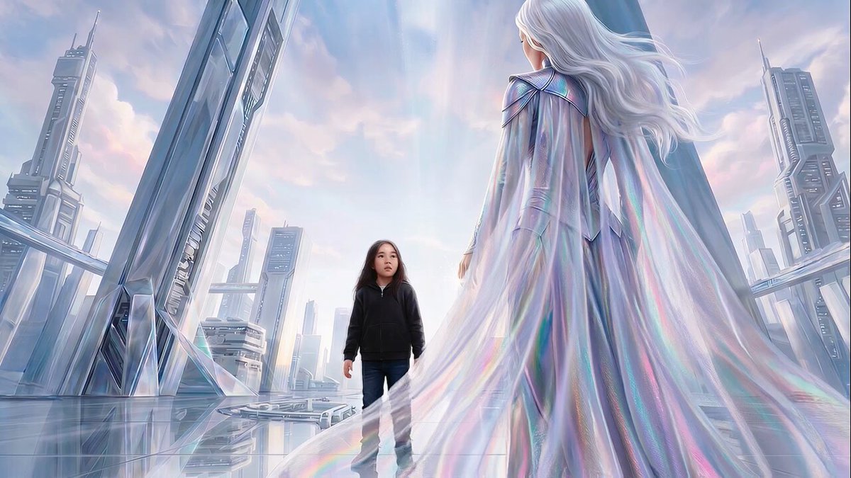The image features a girl with long hair standing next to an adult woman who has a cape-like dress, possibly resembling a fairy or a princess from a storybook. The background of the image shows buildings, suggesting that they are in a city setting. The caption on the image reads "Everything you need right here: devhub.mantle.xyz Dev support: t.me/MantleTuringTe".