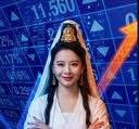 A woman appears in front of a blue financial chart background with an upward arrow, likely promoting an investment or stock-related service.
