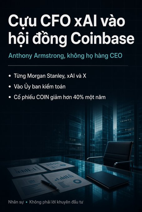 Vietnamese headline: “Former xAI CFO joins Coinbase board of directors,” naming Anthony Armstrong and noting his prior roles at Morgan Stanley, xAI, and X, as well as COIN shares falling more than 40% in one year.
