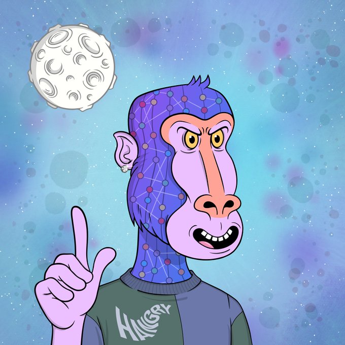 The image features a cartoon character, likely a monkey, wearing a purple shirt with white text that says "HALC" and has a large nose and mouth. The monkey appears to be pointing upwards towards a full moon, suggesting an upward-looking perspective or a sense of curiosity about the celestial body. In the background, there is a depiction of the moon, which adds depth to the scene. The image also contains text that reads "The BOON who believes he can reach the top branch will either get there or fall on the baboon who doubted him $HBAR #HBARNFTs". This text could be interpreted as a metaphor for the monkey's determination and confidence in reaching its goal, despite any obstacles or doubters.
