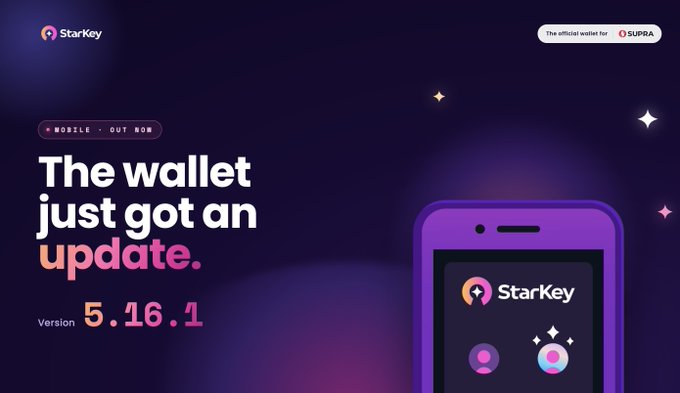 The image features a purple wallet app designed by Starkey, which has just received an update. The updated version includes improvements such as enhanced support for Super Stake transactions with simulation support and editable custom gas limits, along with added support for users who wish to add networks to their wallets. Users can now easily implement these changes through the app's interface, making it easier than ever before to manage their digital finances securely.