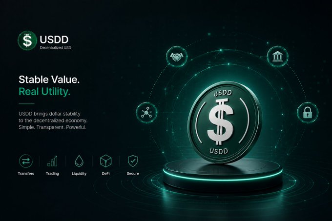 A promotional graphic for USDD (Decentralized USD) stablecoin featuring the tagline 'Stable Value. Real Utility.' with icons representing Transfers, Trading, Liquidity, DeFi, and Secure features.