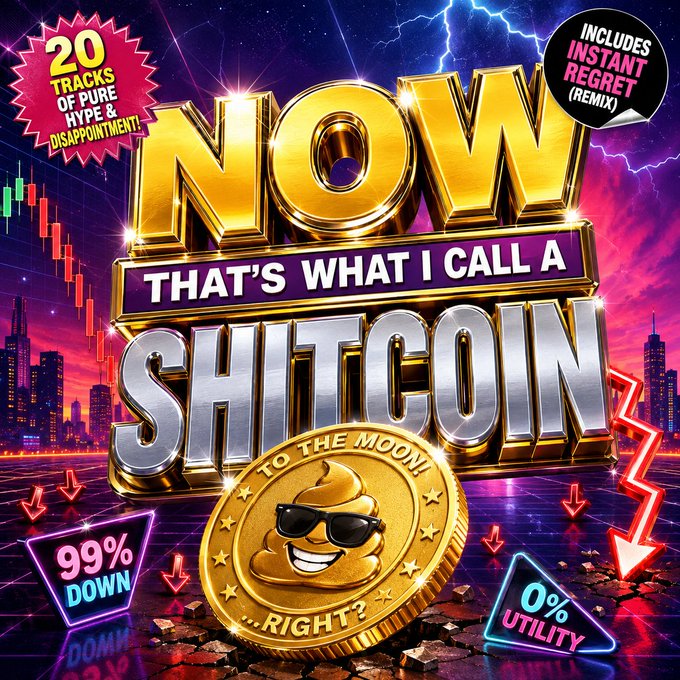 A satirical album cover parodying 'NOW That's What I Call Music' titled 'NOW THAT'S WHAT I CALL A SHITCOIN', featuring a smug gold poop emoji coin saying 'TO THE MOON!...RIGHT?' with tags like '99% DOWN' and '0% UTILITY'.