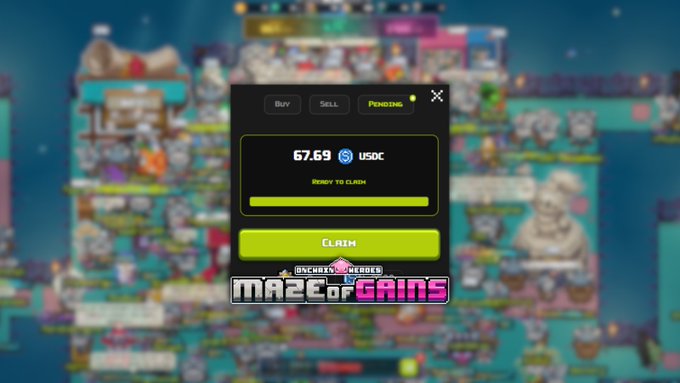 A screenshot from the game 'Maze of Gains' by Enchxx & H3rb3r showing a pending claim of 67.69 USDC.