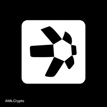 A black-and-white app icon featuring a geometric pinwheel design is displayed with the text 'AMK.Crypto' at the bottom.