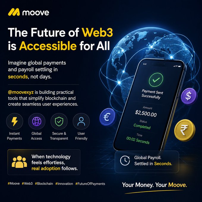 The image features a cell phone with a map of the world displayed above it. The title of the image reads "The future of Web3 isn't just about innovation it's about making technology accessible and useful for everyone". Below this, there is text that says "Imagine global payments and payroll settle in seconds, not days. @moovexyz is building practical tools that simplify blockchain and create seamless user experiences". The cell phone has a green check mark on the screen, indicating that payment has been successfully sent.