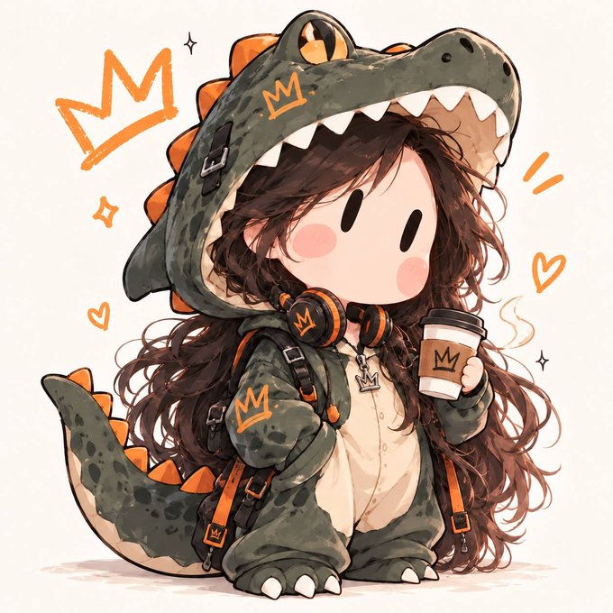 A cute chibi-style illustration of a girl with long brown hair wearing a green dinosaur hoodie with orange spikes, holding a coffee cup and wearing headphones, decorated with crown doodles and hearts.