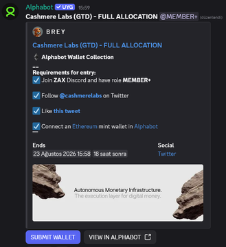 A screenshot of an Alphabot tweet announcing a 'Cashmere Labs (GTD) - FULL ALLOCATION' NFT mint with requirements including joining ZAX Discord and following @cashmerelabs on Twitter, ending August 23.