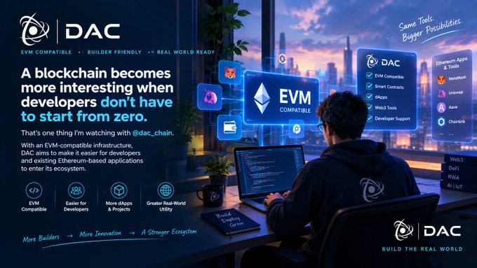 A promotional banner for 'DAC' blockchain describes it as 'EVM COMPATIBLE • BUILDER FRIENDLY • REAL WORLD READY' with the tagline 'A blockchain becomes more interesting when developers don't have to start from zero,' showing a developer at a computer with floating icons for 'EVM Compatible,' 'Smart Contracts,' 'dApps,' and 'Web3 Tools.'